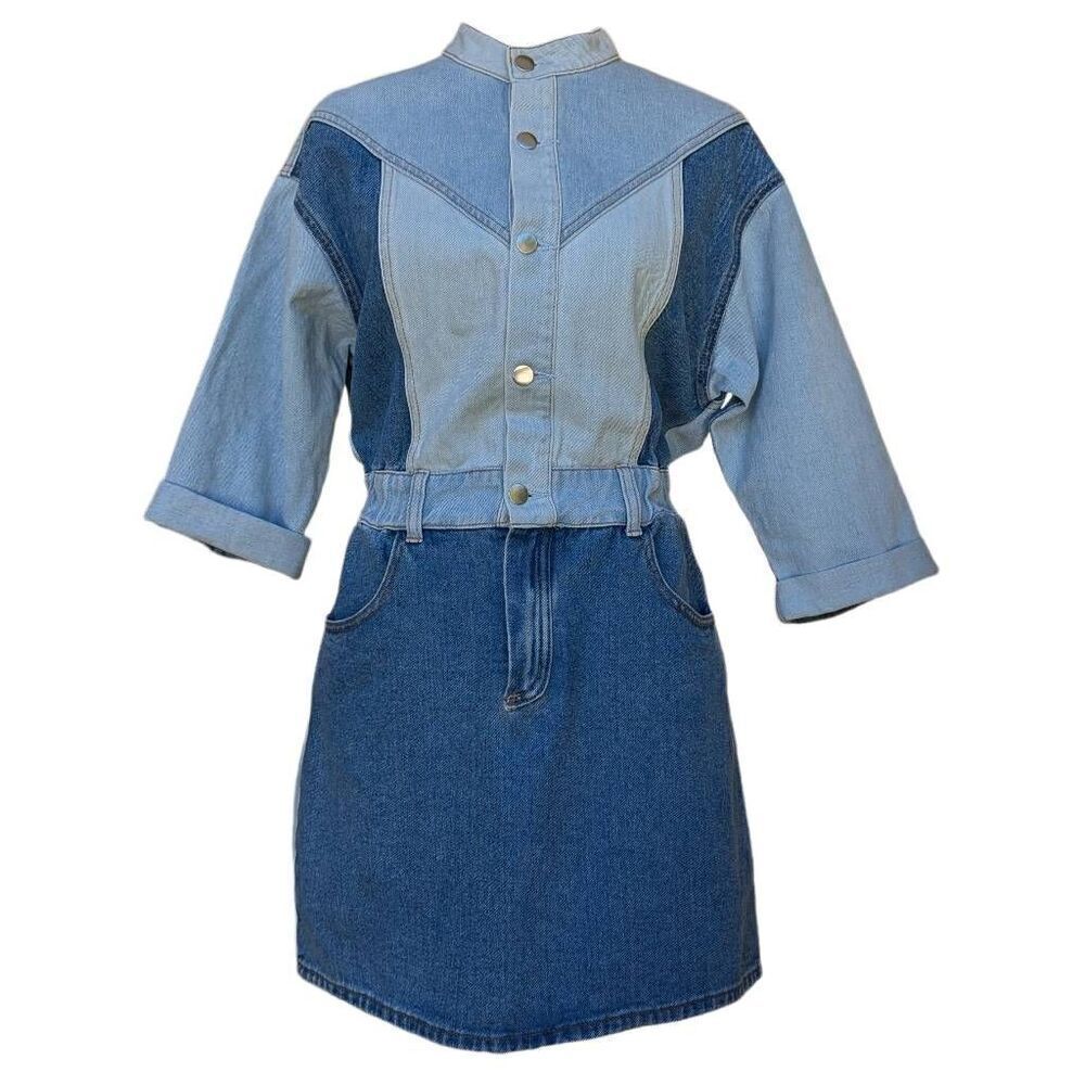 Driftwood Blue Denim Fabric Mini Dress Bianca  Colorblock Button Size M Flatter